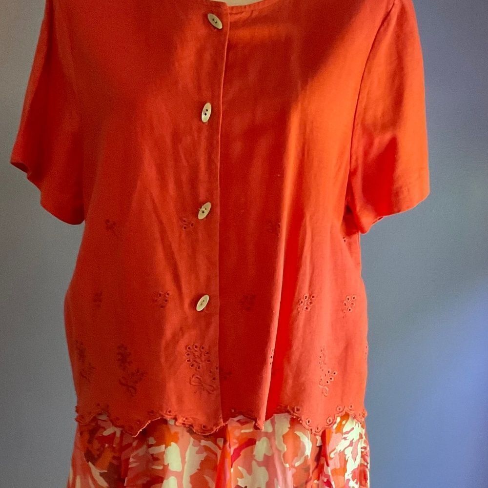 Coldwater Creek Coral Pink Skirt Set with Linen Blouse/Skirt Size PL